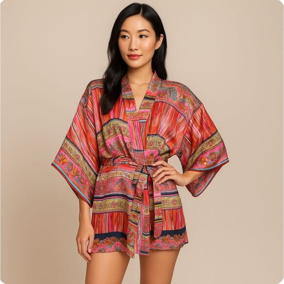 Kimono Robe Silky vibrant colors size Medium attached sash belt - Picture 1 of 2